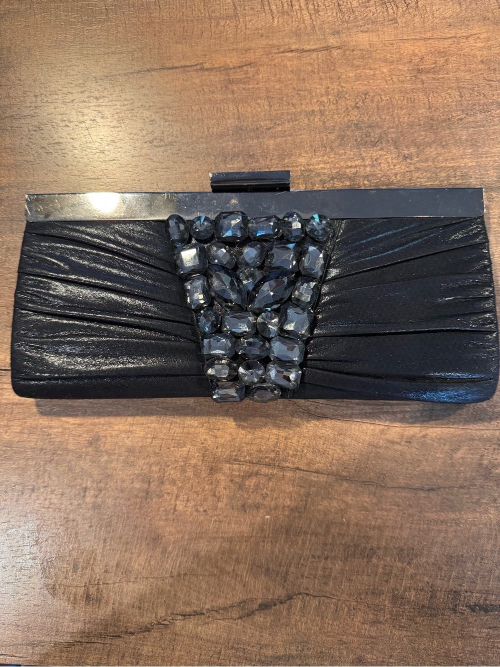 Kate Landry Black Satin Rhinestone Evening Clutch Purse Chain Strap